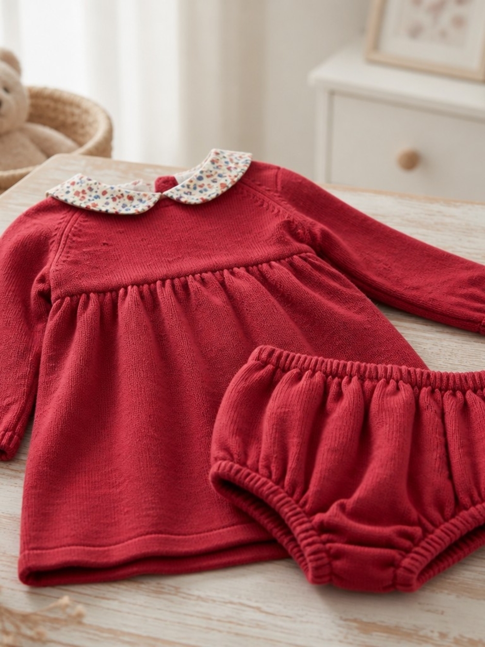Edgehill Collection Red Knit Dress & Bloomers with Floral Collar